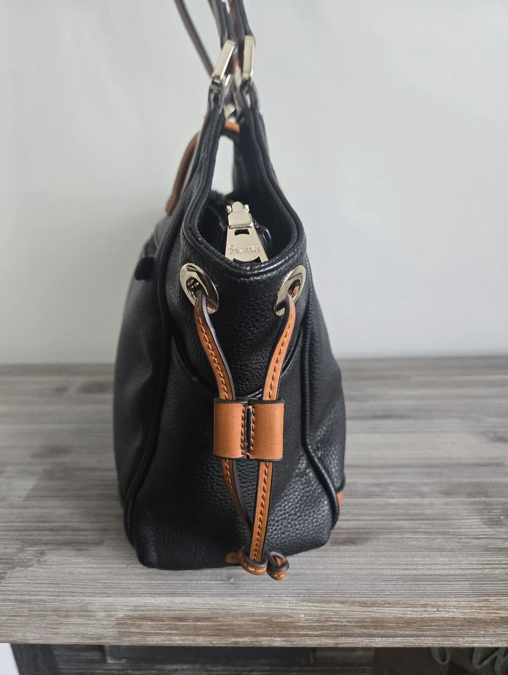 Stauer Black & Tan Shoulder Bag Gold Logo Large Satchel Tote